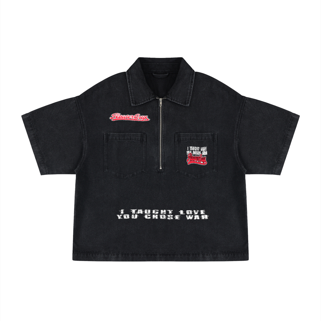 Unisex Vintage Wash Boxy Quarter-Zip Denim Shirt