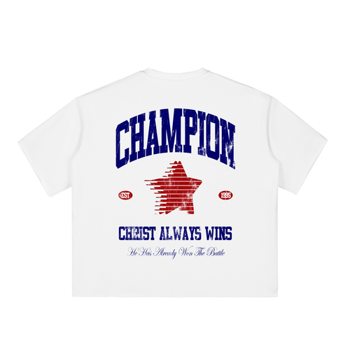 CHAMPION – Christ Always Wins Boxy Half-Sleeve Raw-Edge T-Shirt